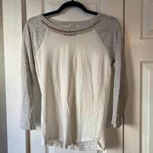 J Crew 3/4 sleeve shirt with embellished neckline